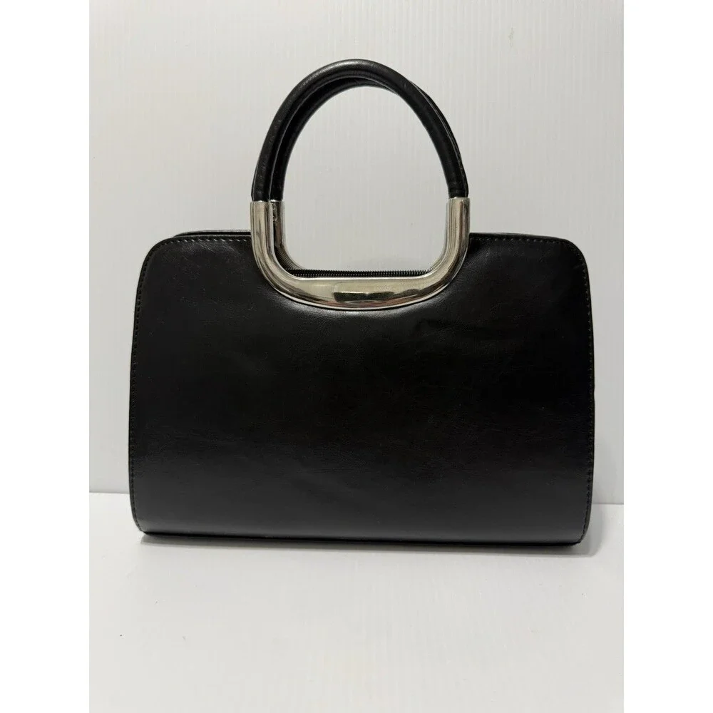 Black Faux Leather Metal Handle Handbag Purse With Removable Insert Vintage